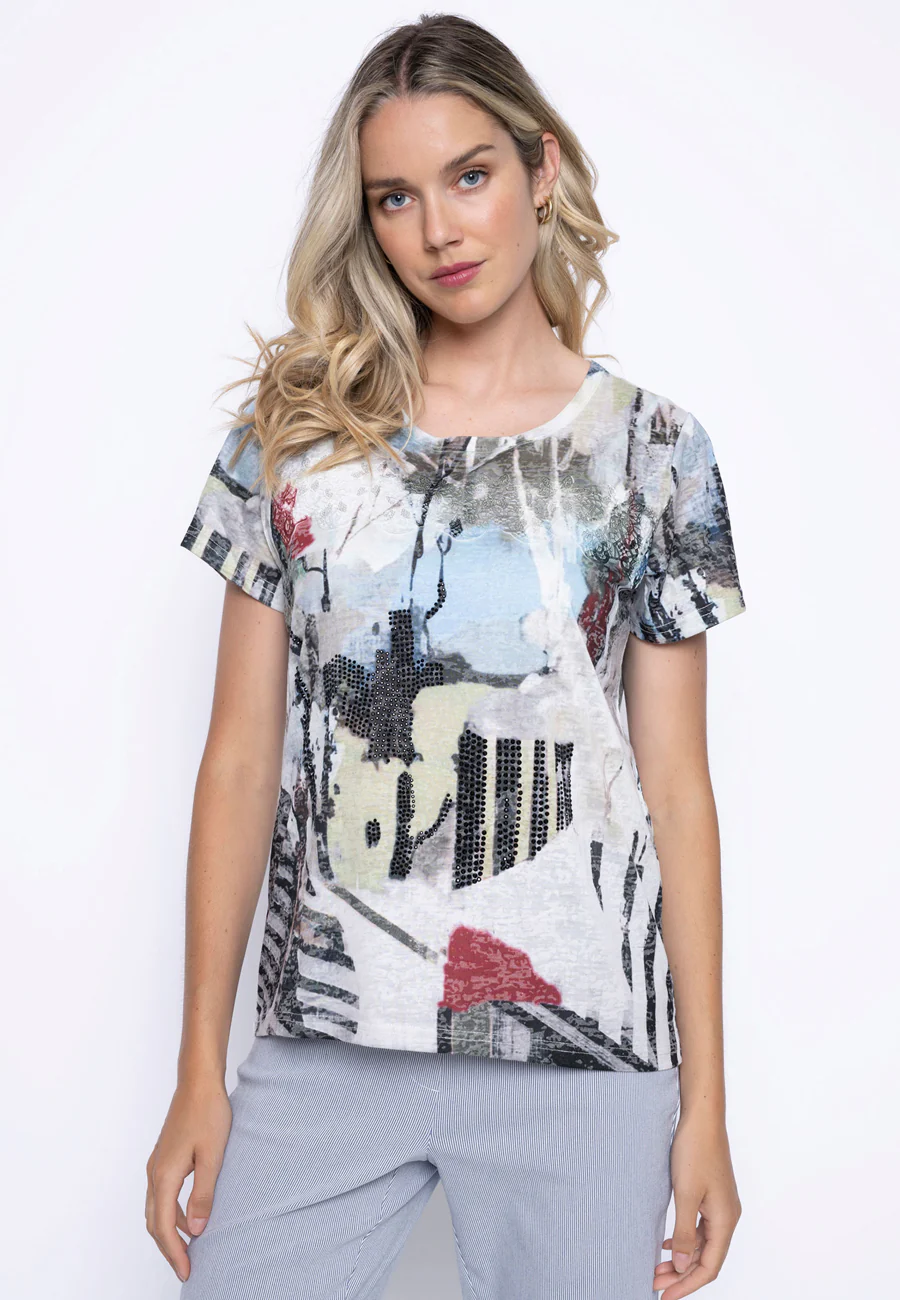 Abstract Allure: Printed Embellished Tee