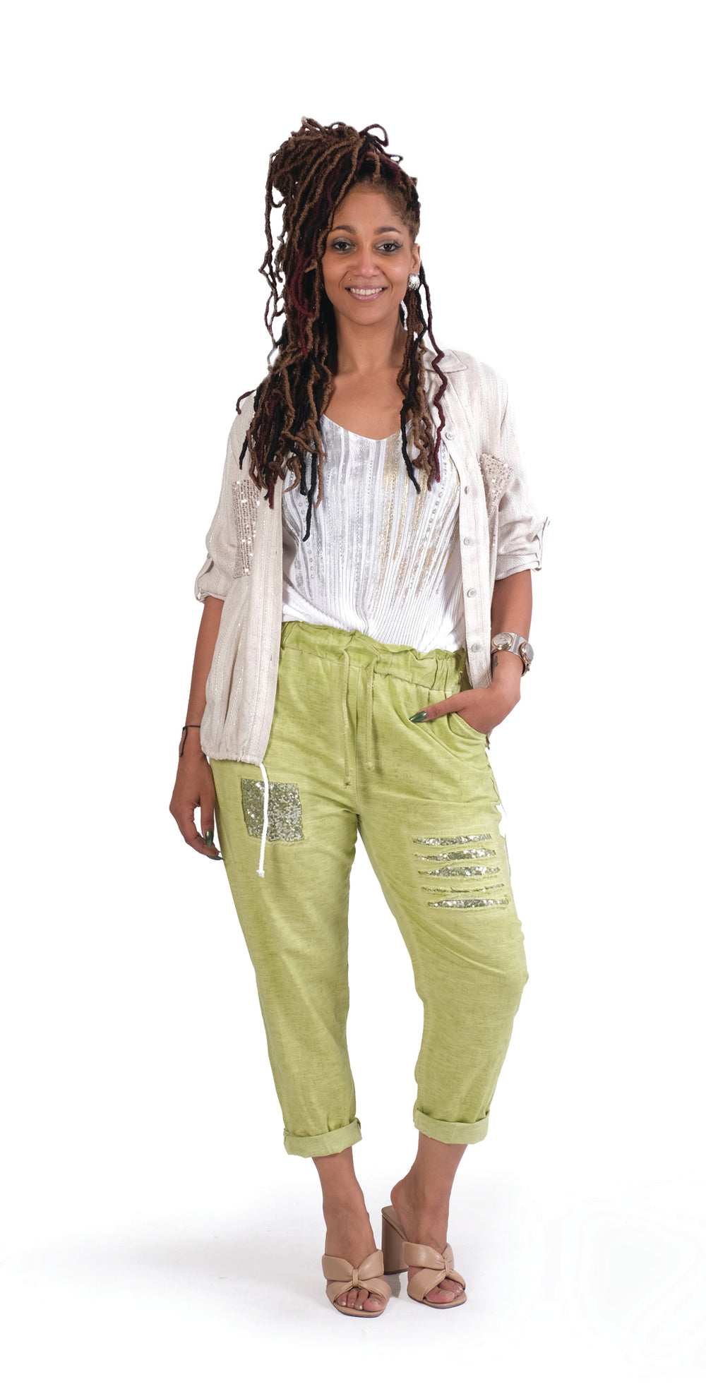 Apple Green Jogger  Pant with silver detail 
