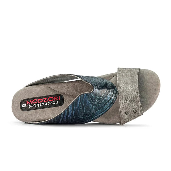 Argo-Grey_to_metallic_blue_single_shoe_Metallic_blue_laying_on_side_showing_top_of_shoe