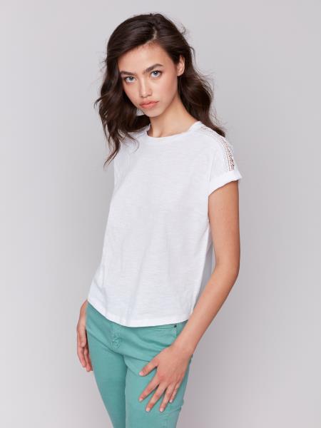 Dropshoulderteewithlaceshouldertrimcolorwhite