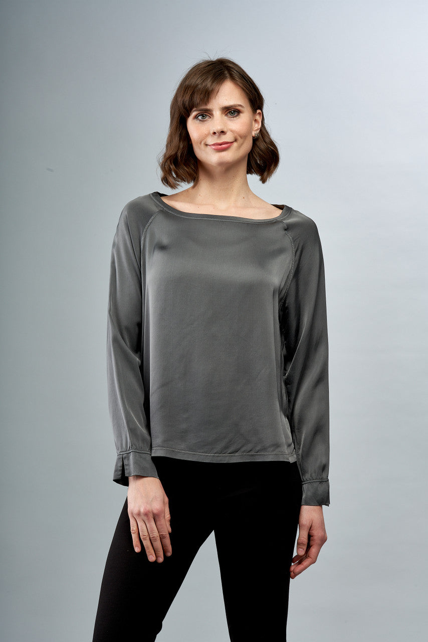 LongSleeveScoopNeckSatinTeeinTaupeGrey