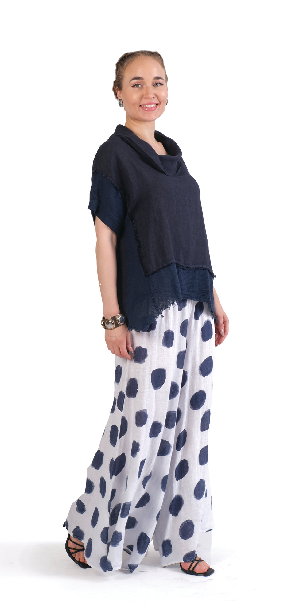 Navyfringetopwithflowywhiteandnavypokadotpalazzopants