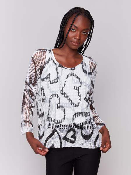 Printedfishnetcrochetheartblackandwhitesweater