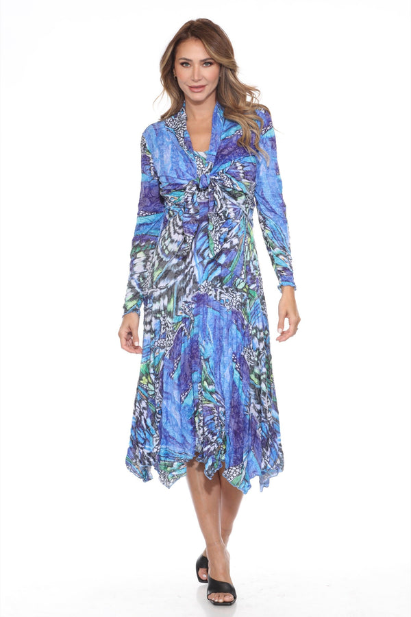Priscilla_Dress_Sapphire_Flutter_Claire_Cardigan_legs_crossedFront.2