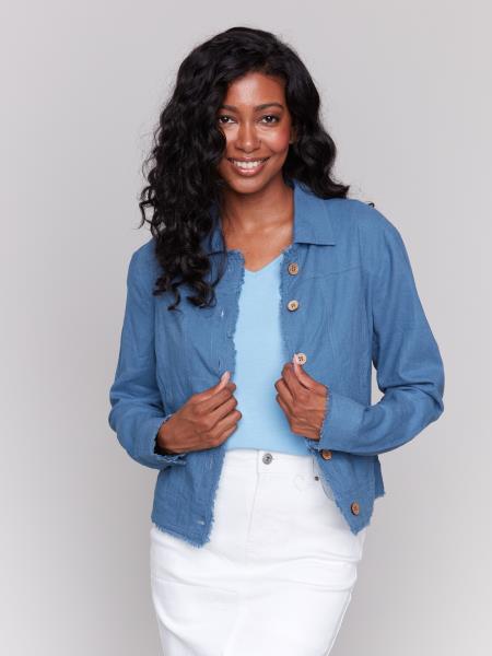 Solidlongsleevejacketwithfringecolorblue