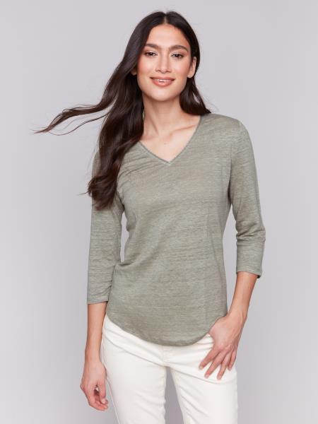 sleevevnecktopcolorceladon3/4sleeves